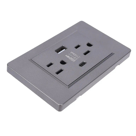 Game On Wall Outlet With Dual Usb And Type C Ports Delivers 15 Amp Fireproof Safety For Blazing Fast Charging, gray wall outlet with USB ports.