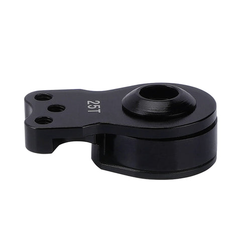 Close-up of DJX aluminum 25T servo horn, black, 3-hole, hi-torque for 1/8–1/10 RC cars/boats
