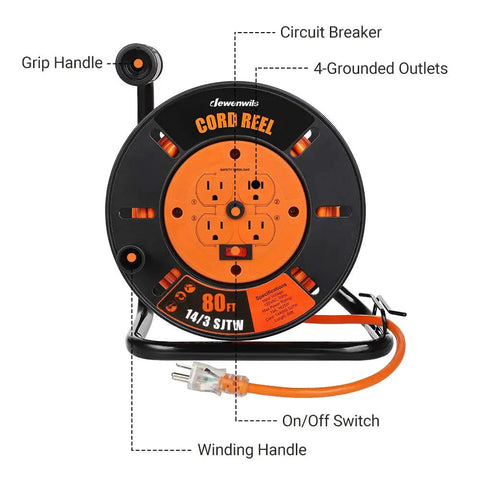 80 Ft Heavy Duty Retractable Extension Cord Reel with 4 Grounded Outlets, 13A Circuit Breaker, SJTW 14/3 Outdoor Indoor Cord