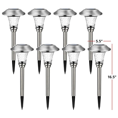 Solar Pathway Lights Outdoor Waterproof With Glass Stainless Steel Build showing an 8-pack with dimensions 16.5x5.5 inches.