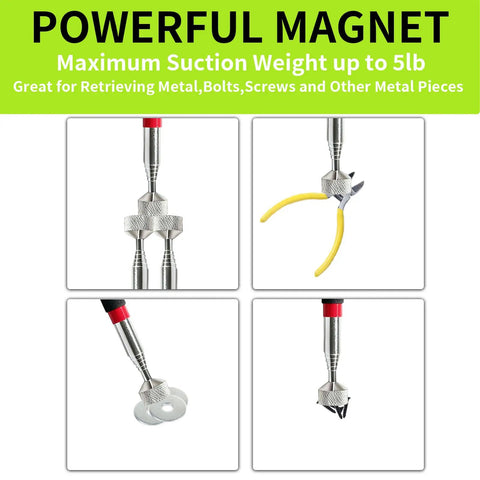Magnetic Telescoping Pickup Tool Set With LED Lights And Round And Square Inspection Mirrors, showing tool holding metal items.