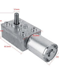 Front view of 12V DC reversible worm-geared drive motor with aluminum gearbox and output shaft