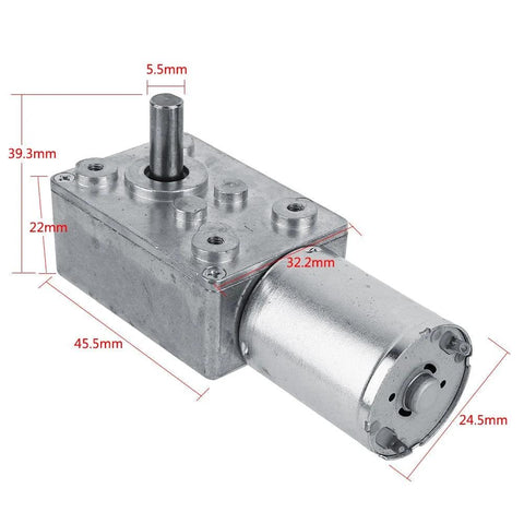 Front view of 12V DC reversible worm-geared drive motor with aluminum gearbox and output shaft