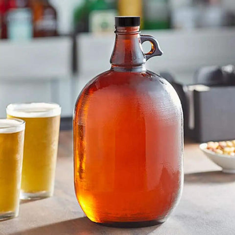 Glass jug with black cap, part of 12 Pack 38mm Growler Caps With Durable Poly Seal Lids For Half Gallon And One Gallon Glass Jugs Replacement Tops