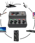 Two Channel DJ Mixer For Laptop Tablet And Phone With 16Bit 48KHz Audio Resolution Portable Pro Mixing Console, surrounded by connections