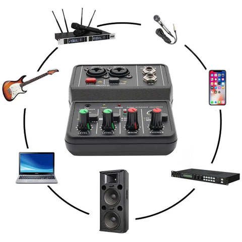 Two Channel DJ Mixer For Laptop Tablet And Phone With 16Bit 48KHz Audio Resolution Portable Pro Mixing Console, surrounded by connections