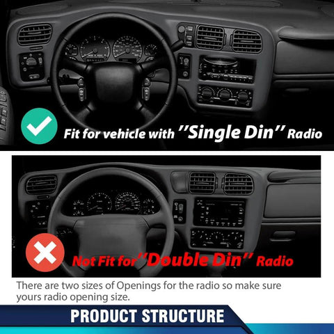 PIT66 dash bezel for Blazer/Jimmy/Sonoma/S10/Bravada (1998–2004), dark gray; single-DIN radio compatible.