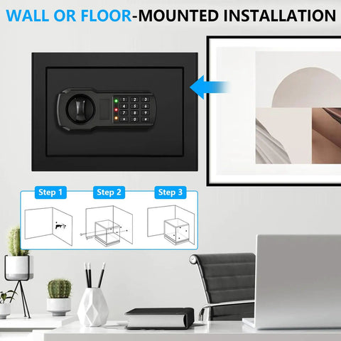 Compact 1.3 Cu Ft Home Safe Box Fireproof And Waterproof with digital keypad installed in office wall above desk.
