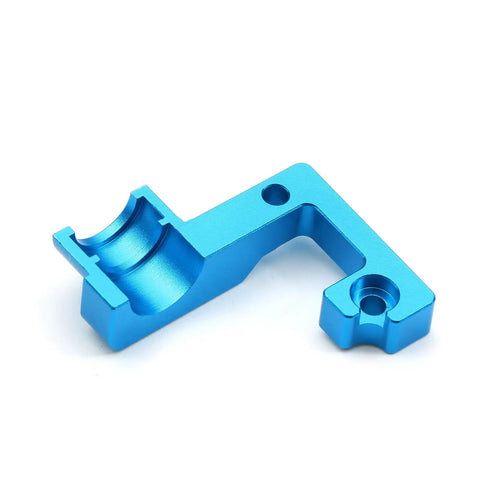 Blue TT02 Aluminum Open End Gearbox Cover for One Tenth RC Car Upgrade, angled side view