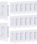 No Sweat 15 Amp GFCI Outlet 20 Pack Weather Resistant Slim Fit With Built In LED Test Reset Buttons And Premium Screwless Wall Plates For Reliable Indoor Outdoor Power Needs White features 20 wall outlets with green LED indicators.