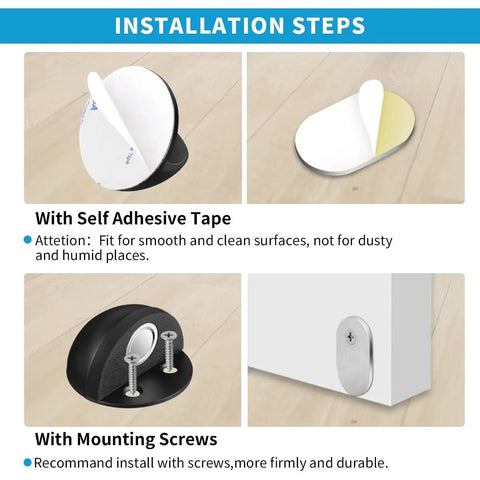 Magnetic Door Stop 4 Pack Self Adhesive Black Brushed Satin Stainless Steel Floor Stops installation with adhesive and screws