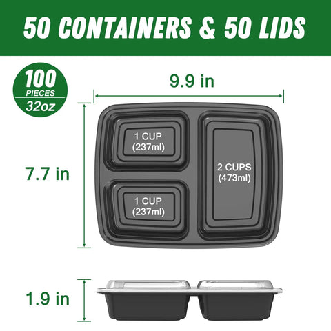 Top and side view of 32 Ounce Meal Prep Containers With Lids Three Compartment Reusable Plastic To Go Takeout Food Storage Boxes.