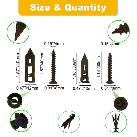 Self Drilling Drywall Anchors Kit 150Pcs With Screws Zinc Plated Steel Two Sizes expansion screws shown with measurements
