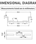 Dimensional diagram of Heavy Duty Aluminum DIN Rail Slotted 35mm Wide 7.5mm High 8 Inch Long Universal Mount Kit with measurements.