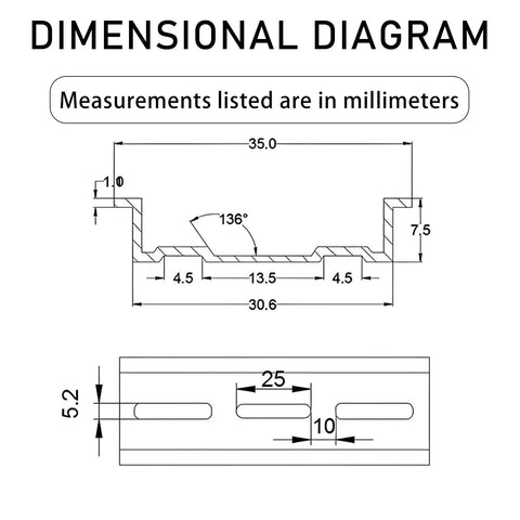 Dimensional diagram of Heavy Duty Aluminum DIN Rail Slotted 35mm Wide 7.5mm High 8 Inch Long Universal Mount Kit with measurements.