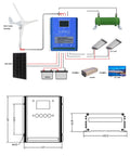 Diagram of 8000W Vertical Axis Wind Turbine Generator With Hybrid Charge Controller for battery systems, including dual line drawings.
