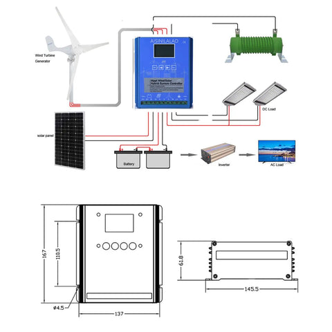 Diagram of 8000W Vertical Axis Wind Turbine Generator With Hybrid Charge Controller for battery systems, including dual line drawings.