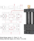 Built Tough Manual Sliding Table Linear Stage dimensions with 75mm stroke and 40x70mm sliding table size, detailed technical drawing.