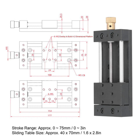 Built Tough Manual Sliding Table Linear Stage dimensions with 75mm stroke and 40x70mm sliding table size, detailed technical drawing.
