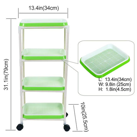 Four Tier Sprout Tray Set With Heavy Duty Plastic Shelf For Soil Free Wheatgrass Seeds Grower, dimensions and design shown