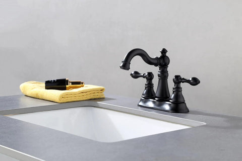 Two Handle Matte Black Bathroom Faucet With Pop Up Drain For 3 Hole 4 Inch Centerset Sinks, 360 Degree Swivel Spout, Lead Free Waterway