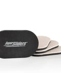 Set of four beige felt furniture sliders with black tops, Three And One Half Inch By Six Inch Oval Felt Furniture Sliders for hard surfaces