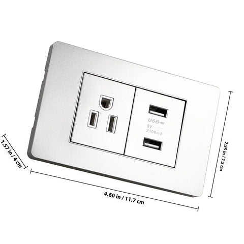 15 Amp Us Standard Wall Outlet With Dual Usb Charging Ports, Built Tough Pp Housing With Genuinely Solid Bronze Contacts, No-Hassle Hookup For Desk Lamps And Bedside Tables, Secure Screw Mount Receptacle, grey finish, top view