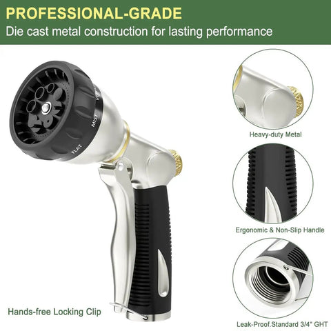 Heavy Duty Garden Hose Nozzle With All Metal Die Cast Zinc Alloy Build, 8 Adjustable Spray Patterns, High Pressure Sprayer