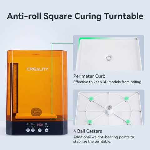 2 In 1 Resin 3D Printer Wash And Cure Station UW03 showing anti-roll square curing turntable with perimeter curb and 4 ball casters