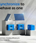 SmartSolar MPPT VE Can Solar Charge Controller with Bluetooth mounted beside solar panels on concrete blocks for off-grid setups