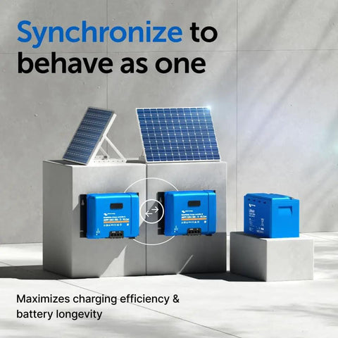 SmartSolar MPPT VE Can Solar Charge Controller with Bluetooth mounted beside solar panels on concrete blocks for off-grid setups