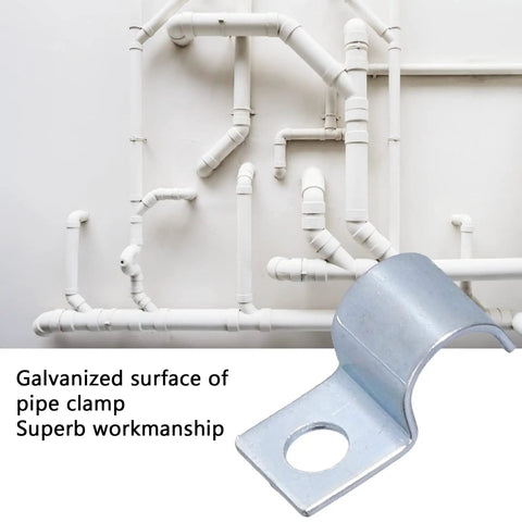 Built Tough 20 Pack Single Hole Pipe Clamp Kit with zinc plated stainless steel clamp next to white pipes on wall