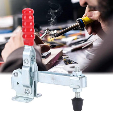 Quick Toggle Clamp For Metal Plate And Circuit Board Positioning Iron Welding Fixture Clamp With Plastic Handle 14 By 15 Cm Manual Holding Tool For Stable Machine Operation, red handle, metal body