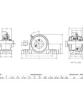 Technical diagram of Six Pack 1 Inch UCP205 16 Pillow Block Bearings Heavy Duty With Screw Lock Self Aligning for Drift Trike.