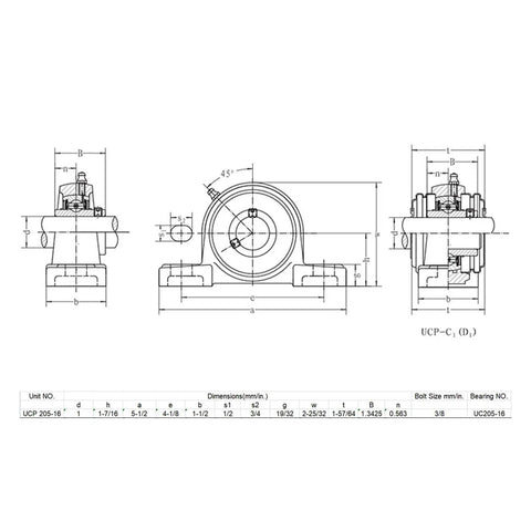 Technical diagram of Six Pack 1 Inch UCP205 16 Pillow Block Bearings Heavy Duty With Screw Lock Self Aligning for Drift Trike.