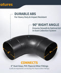 4 Inch 90 Degree Elbow Dust Hose Connector For 4 Inch ID Dust Collection Hoses Airtight Black Fitting displayed with features.