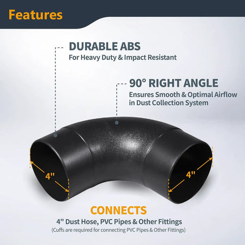 4 Inch 90 Degree Elbow Dust Hose Connector For 4 Inch ID Dust Collection Hoses Airtight Black Fitting displayed with features.