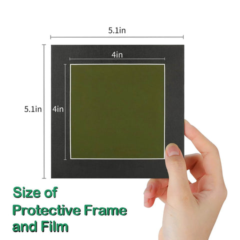 Hand holding 4x4 inch Color Changing Magnetic Field Viewing Film with olive finish, showcasing size in protective frame, for science projects.
