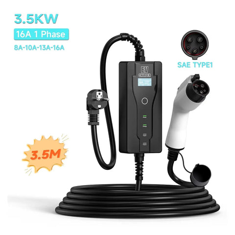 Portable Electric Vehicle EV Charger 3500W 16A Type 1 SAE J1772 EVSE Charging Cable with 3.5m length and plug design.