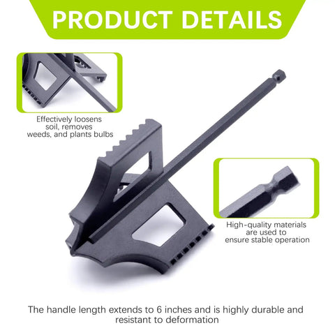 Close-up of 4-in-1 Soil Cultivator and Drill Tiller Attachment for Planter Boxes with hex drive, shows metal design and size details.