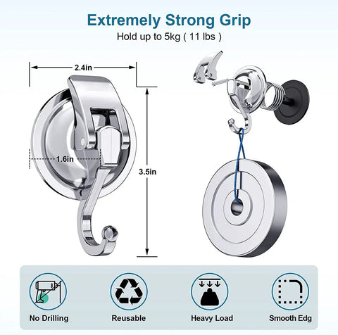 Heavy Duty Vacuum Cup Hooks Set No Drill No Holes Removable Suction Hooks, silver, ABS plastic, load capacity illustration.