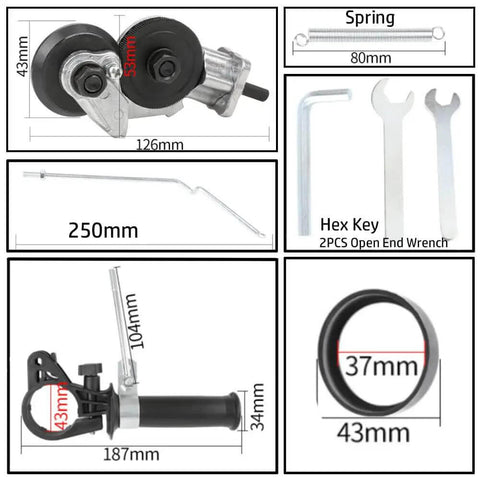 Dimensions and components of Drill Shears Attachment For Cutting 0.3 To 1.0 mm Metal Sheets including wrench and spring.