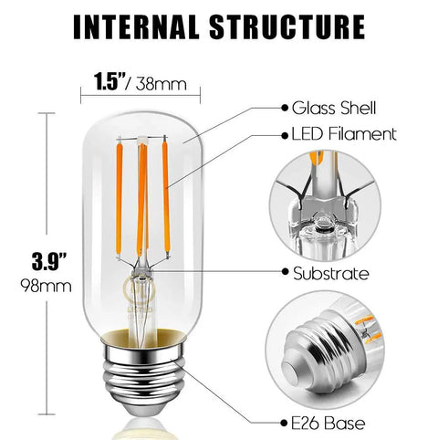 Dimmable Vintage Edison Style LED Tubular Bulbs, E26 Medium Base, internal structure with glass shell and LED filament