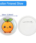 Straight Up Pro 58Mm Button Maker Kit 200 Piece Round Pin Assembly showing 58mm cute orange design badge with safety pin back.