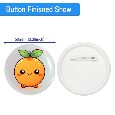 Straight Up Pro 58Mm Button Maker Kit 200 Piece Round Pin Assembly showing 58mm cute orange design badge with safety pin back.