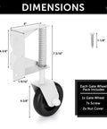 Built Like A Tank 4.3 Inch Spring Loaded Gate Caster Roller Wheel With Full 360 Swivel Action And Right Angle Mount Plate For Easy Yard Gate Rolling Up to 220 Pounds White Pair with dimensions.