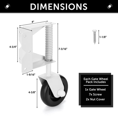Built Like A Tank 4.3 Inch Spring Loaded Gate Caster Roller Wheel With Full 360 Swivel Action And Right Angle Mount Plate For Easy Yard Gate Rolling Up to 220 Pounds White Pair with dimensions.