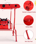 Two Seat Porch Swing With Adjustable Canopy And Stand, Kid Friendly Outdoor Swing Bench, showing safety features and red design.