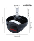 Front view of Roomba front wheel assembly; black plastic housing with white wheel and metal axle