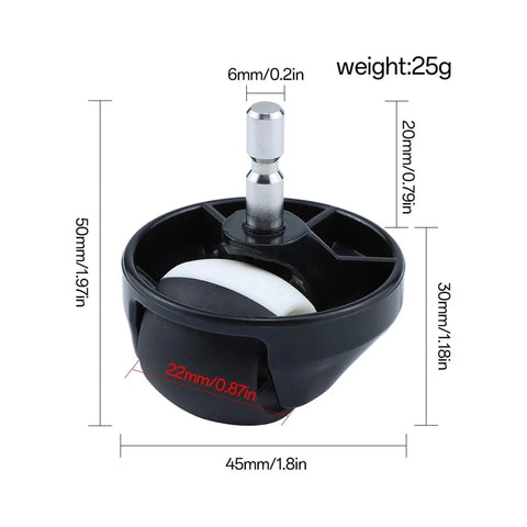 Front view of Roomba front wheel assembly; black plastic housing with white wheel and metal axle